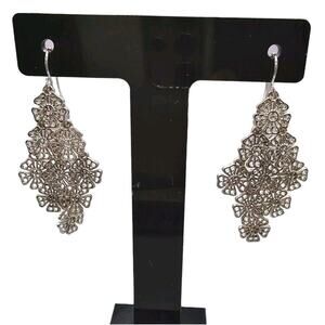 Floral Cascade Pierced Earrings Dangle Intricate Filigree Silver Tone Fashion